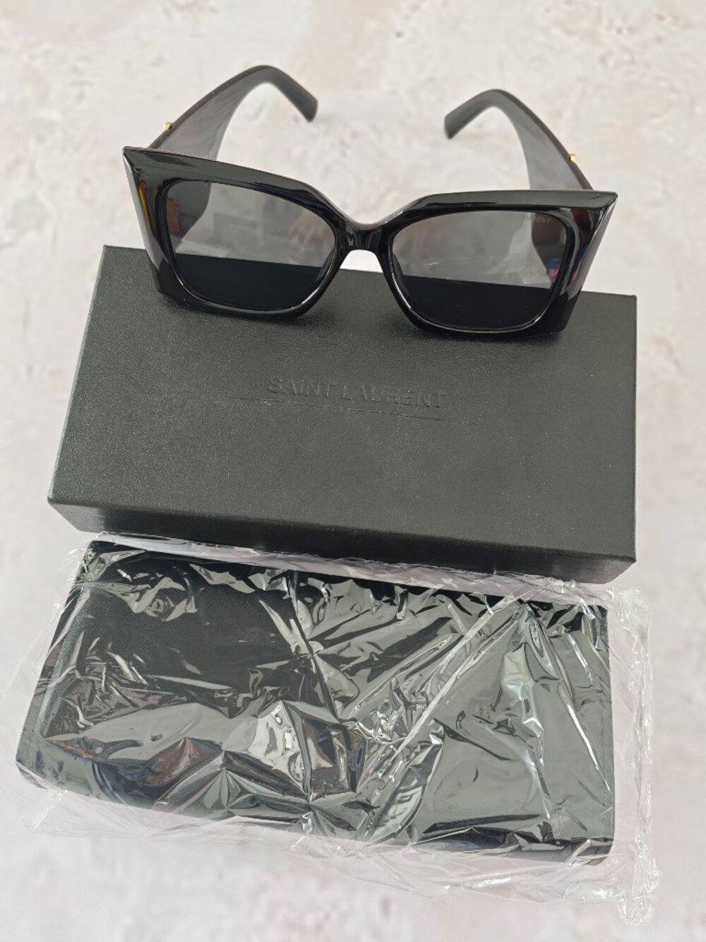 Saint Laurent Black Cat Eye Square Acetate Sunglasses, Full Set with Box & Case